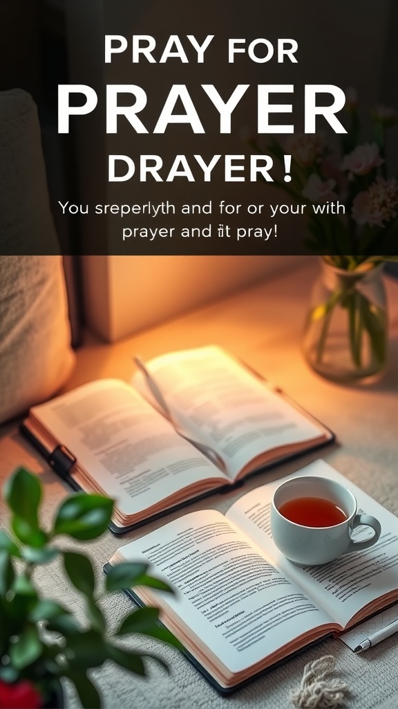 A calming prayer setting with a journal and tea, symbolizing peace and reflection.